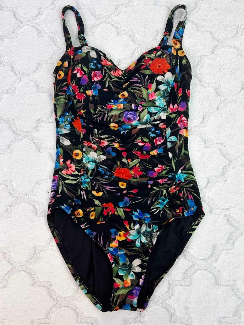 Roatan Swimwear Black Floral Ruched One Piece Swimsuit Size Large New